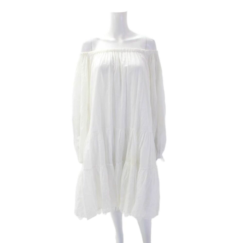 Designer Womens Long Sleeve Off Shoulder Lace Trim Dress White Cotton Size 8